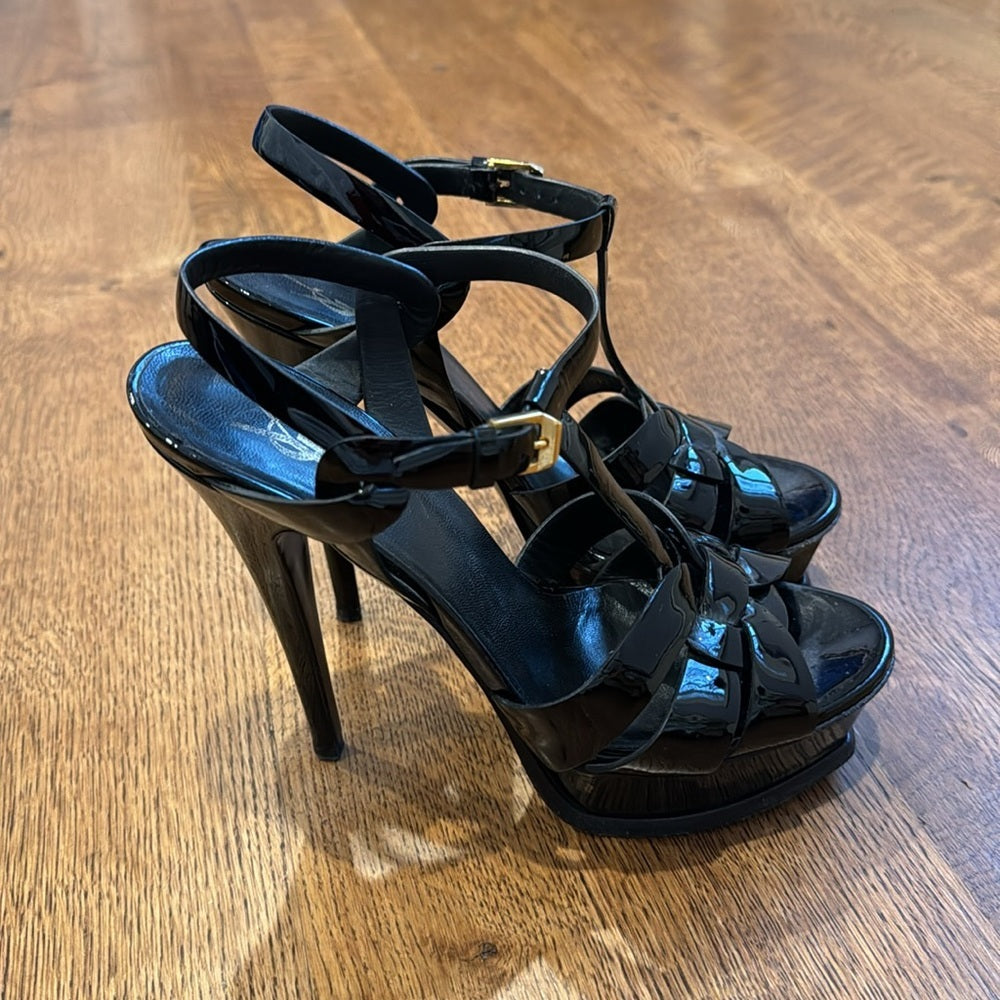 Yves Saint Laurent Women’s Black Patent Leather Tribute Platform Sandal Size 7.5