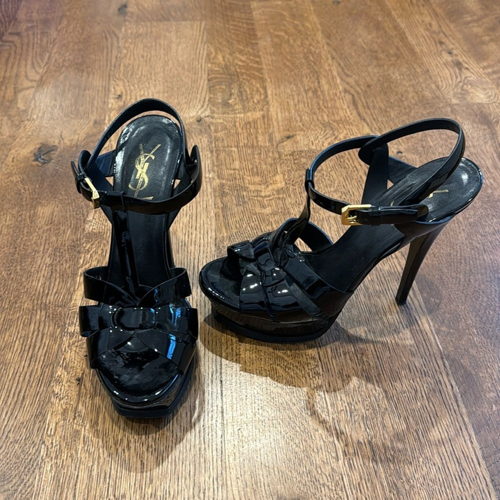 Yves Saint Laurent Women’s Black Patent Leather Tribute Platform Sandal Size 7.5