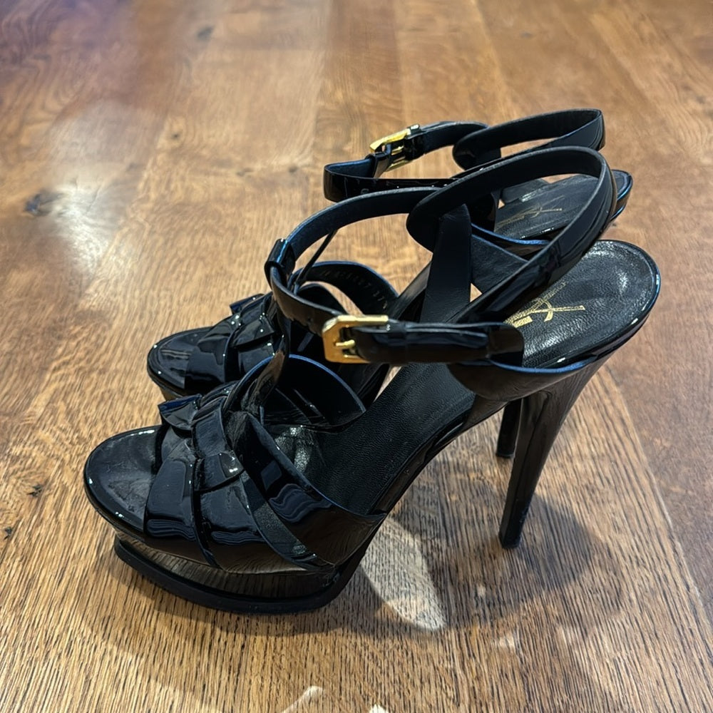 Yves Saint Laurent Women’s Black Patent Leather Tribute Platform Sandal Size 7.5