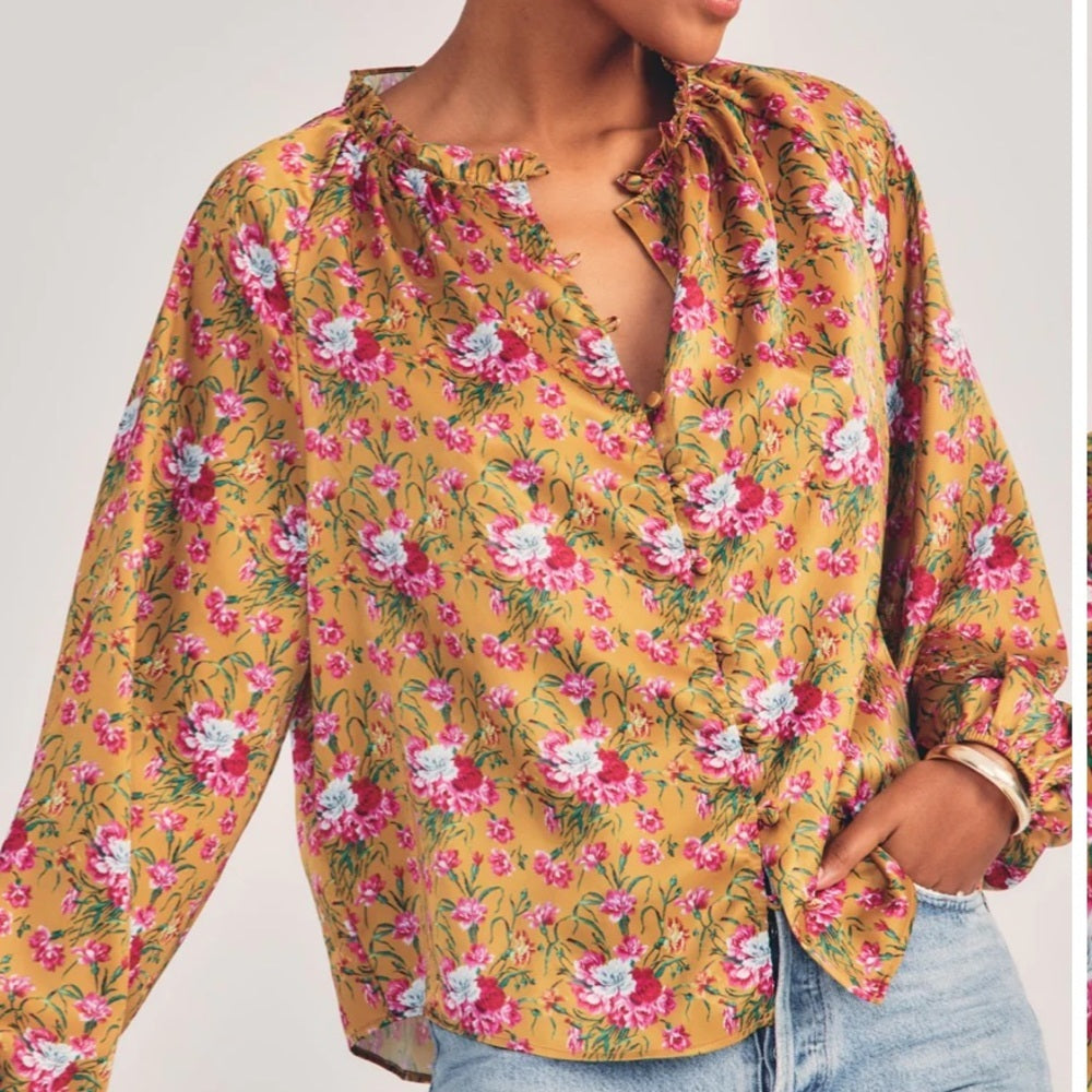 LoveShackFancy Women’s Yellow and Pink Floral Printed Blouse Size S