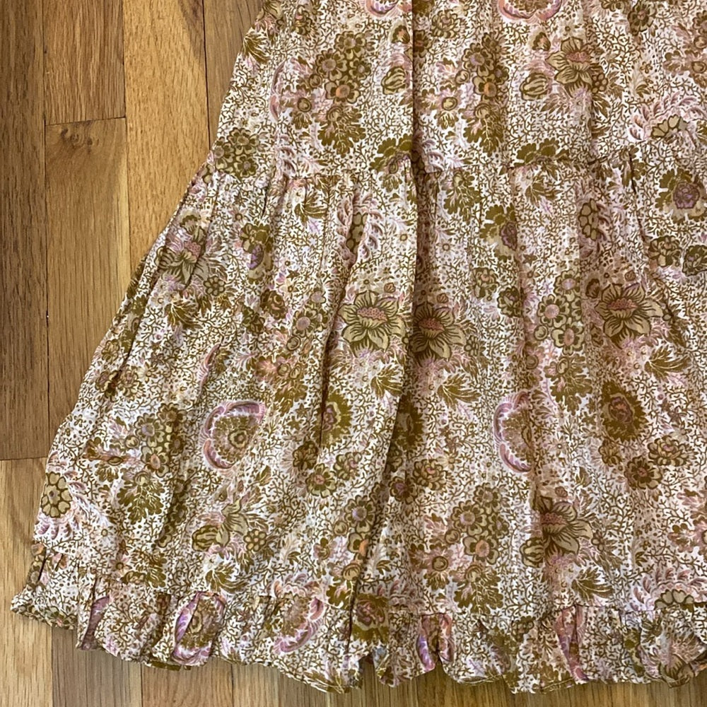 Ulla Johnson Women’s Tan and Pink Floral Print Dress With Ruffle Sleeves Size 2