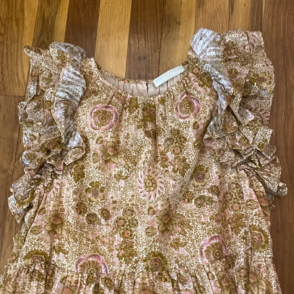 Ulla Johnson Women’s Tan and Pink Floral Print Dress With Ruffle Sleeves Size 2