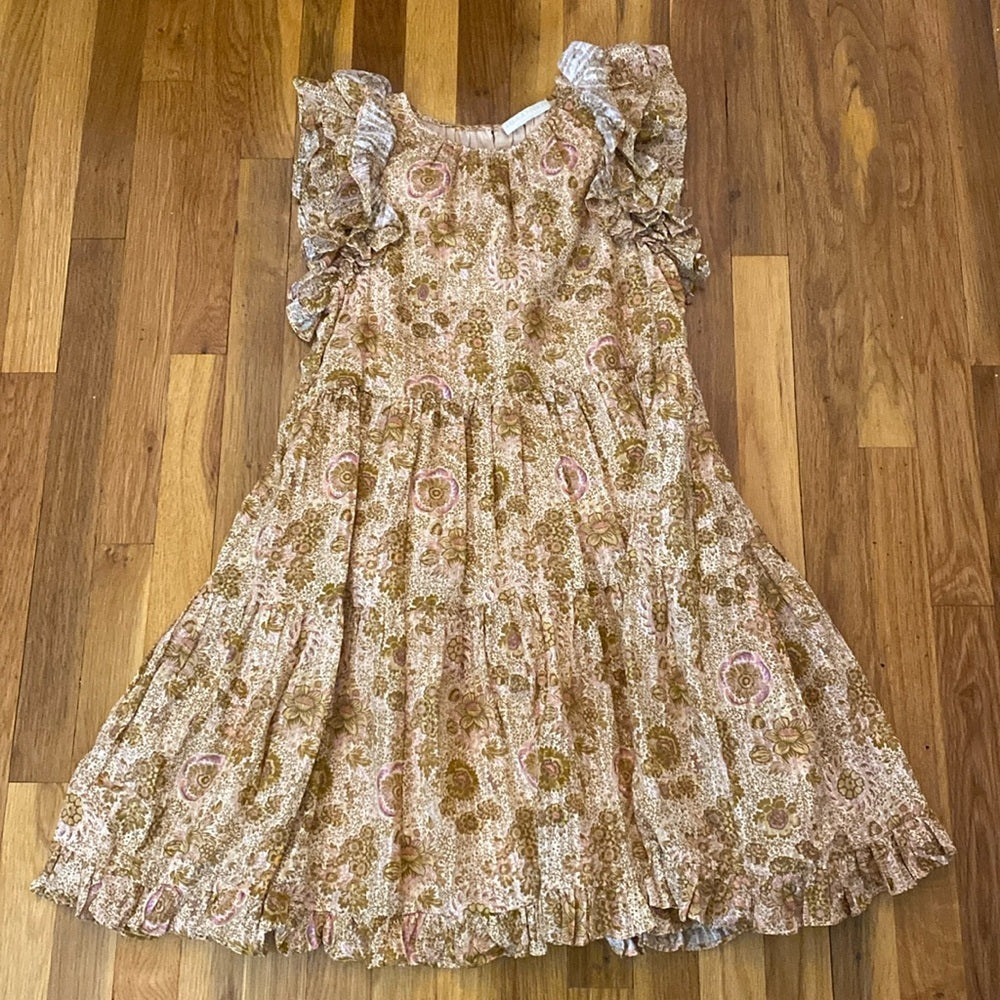 Ulla Johnson Women’s Tan and Pink Floral Print Dress With Ruffle Sleeves Size 2