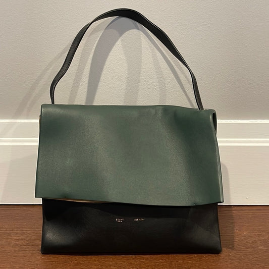 CELINE Women’s All Soft Green and Black Leather and Suede Shoulder Bag w/ Pouch