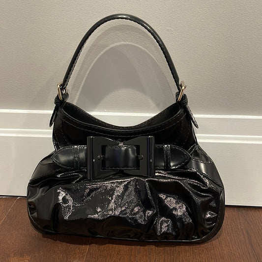 Authentic GUCCI Black Dialux Leather Queen Bow PVC Hobo Shoulder Bag