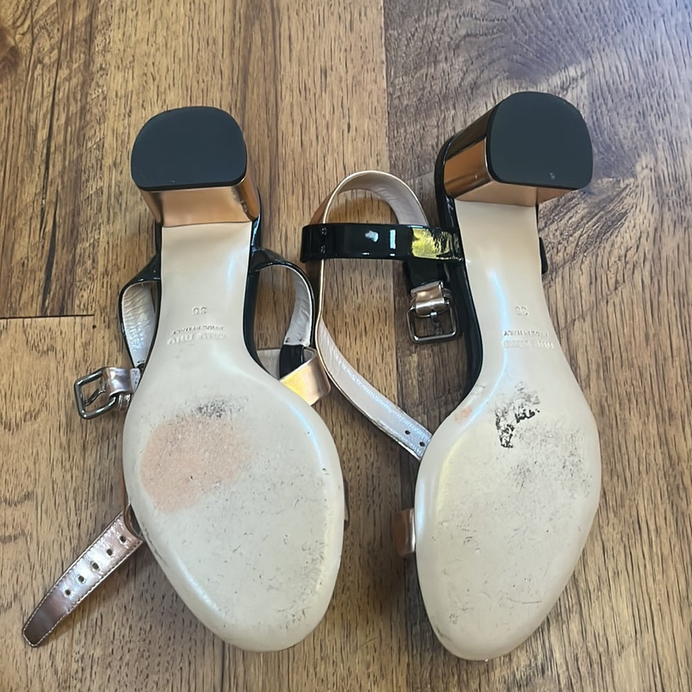 Miu Miu Woman’s Black and Rose Gold Heels Size 36