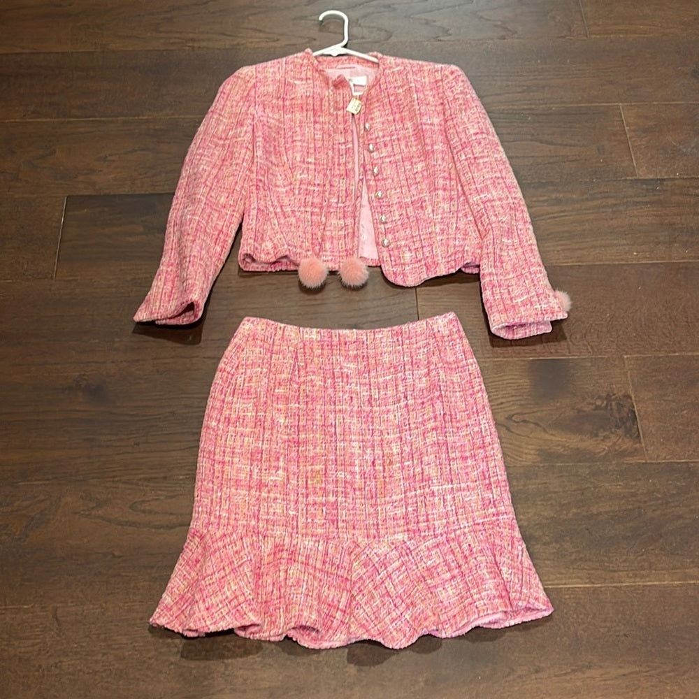 VINTAGE Escada Pink Tweed Women’s Skirt Suit Jacket Size 34 Skirt Size 36