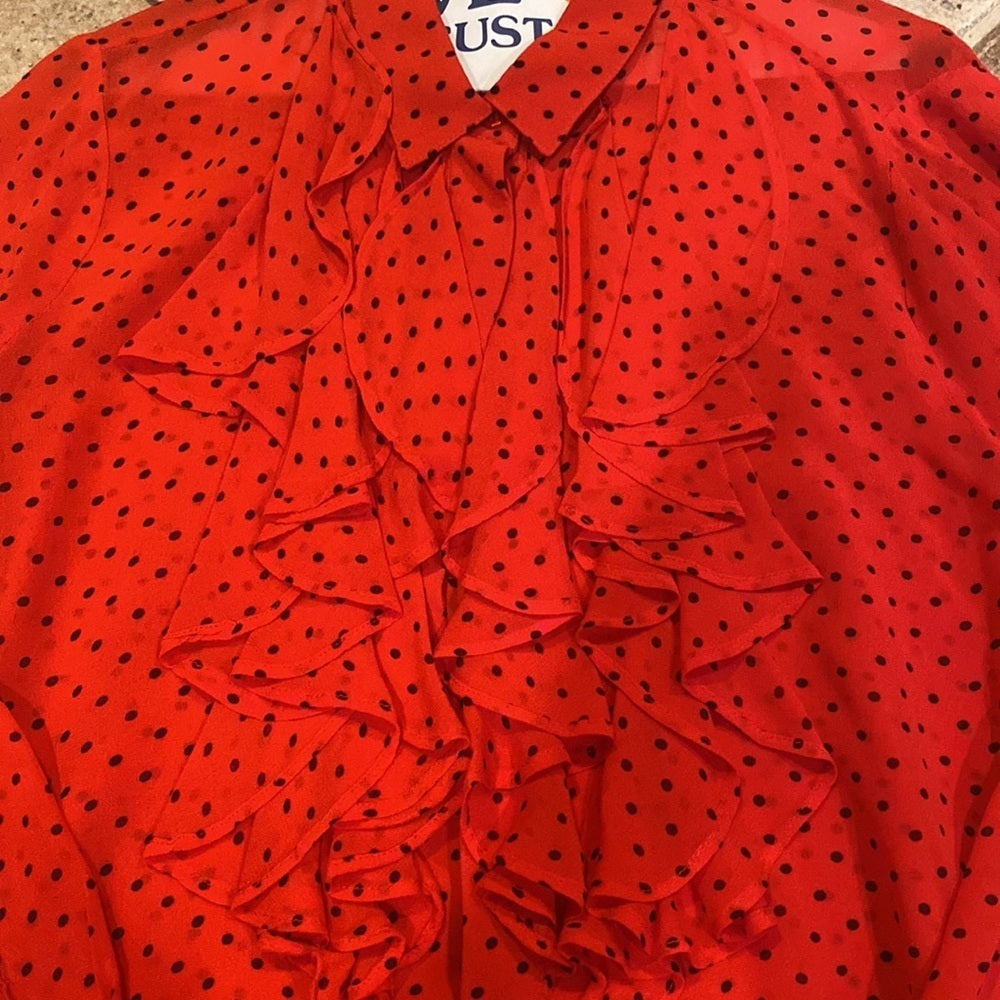 Ganni red and black polka dot ruffled blouse size 40