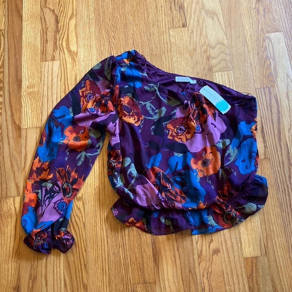 Lush purple floral one shoulder blouse size large