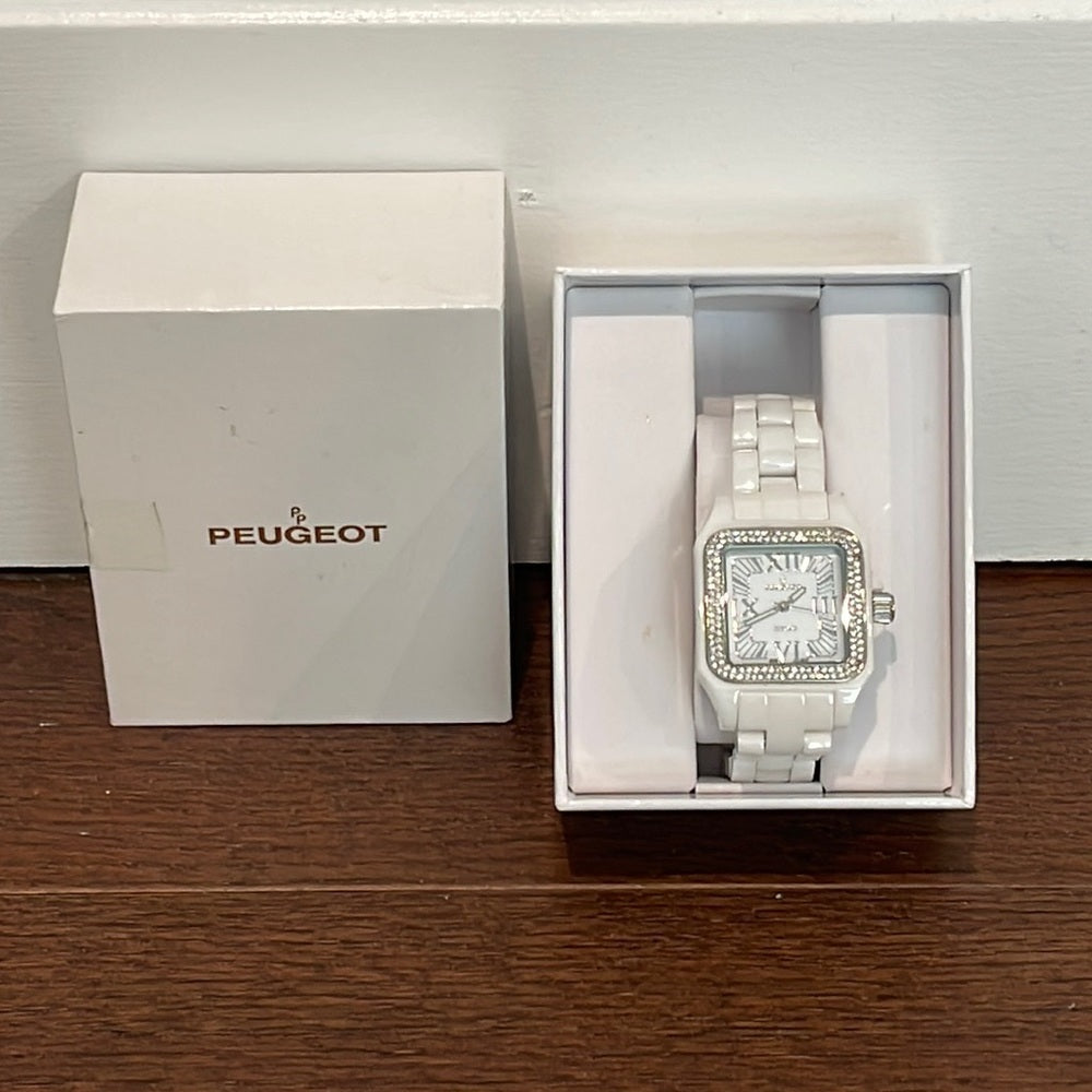 PEUGEOT Swiss Women Ceramic Watch Square Case Swarovski Crystal Bezel & Bracelet