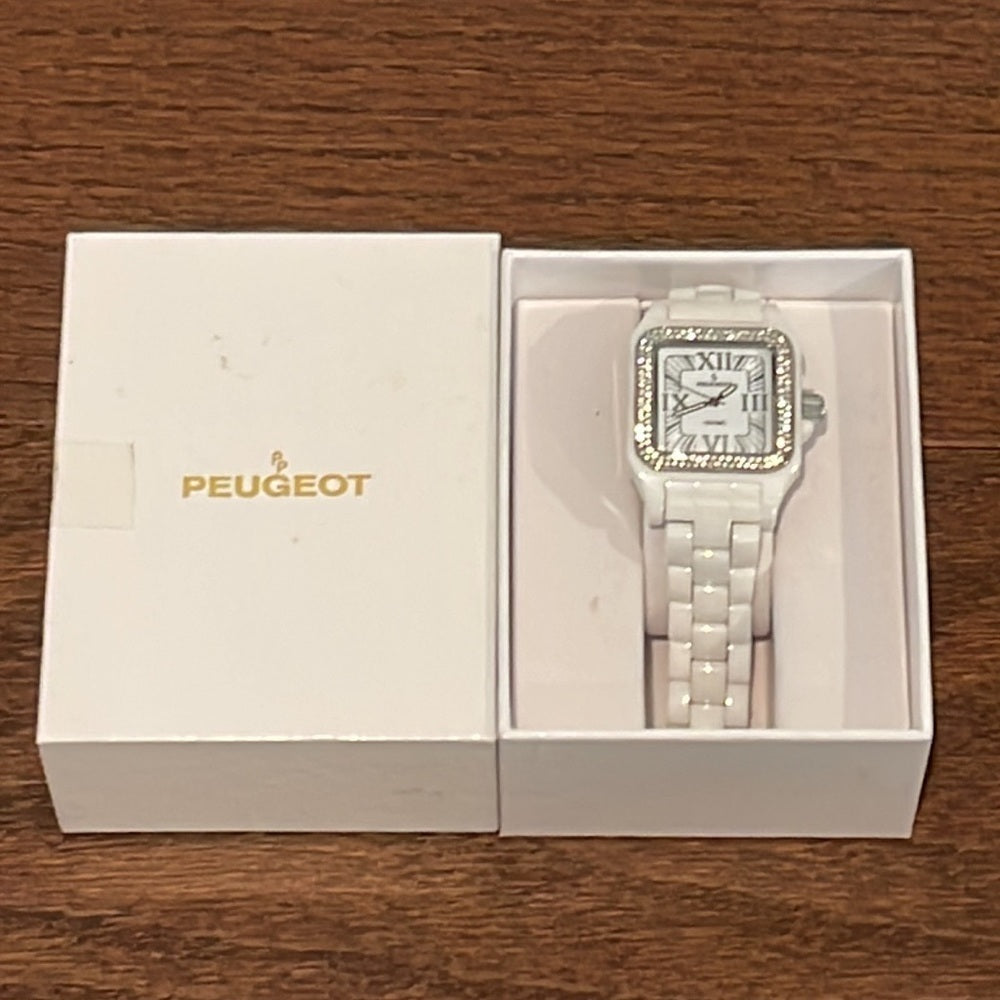 PEUGEOT Swiss Women Ceramic Watch Square Case Swarovski Crystal Bezel & Bracelet