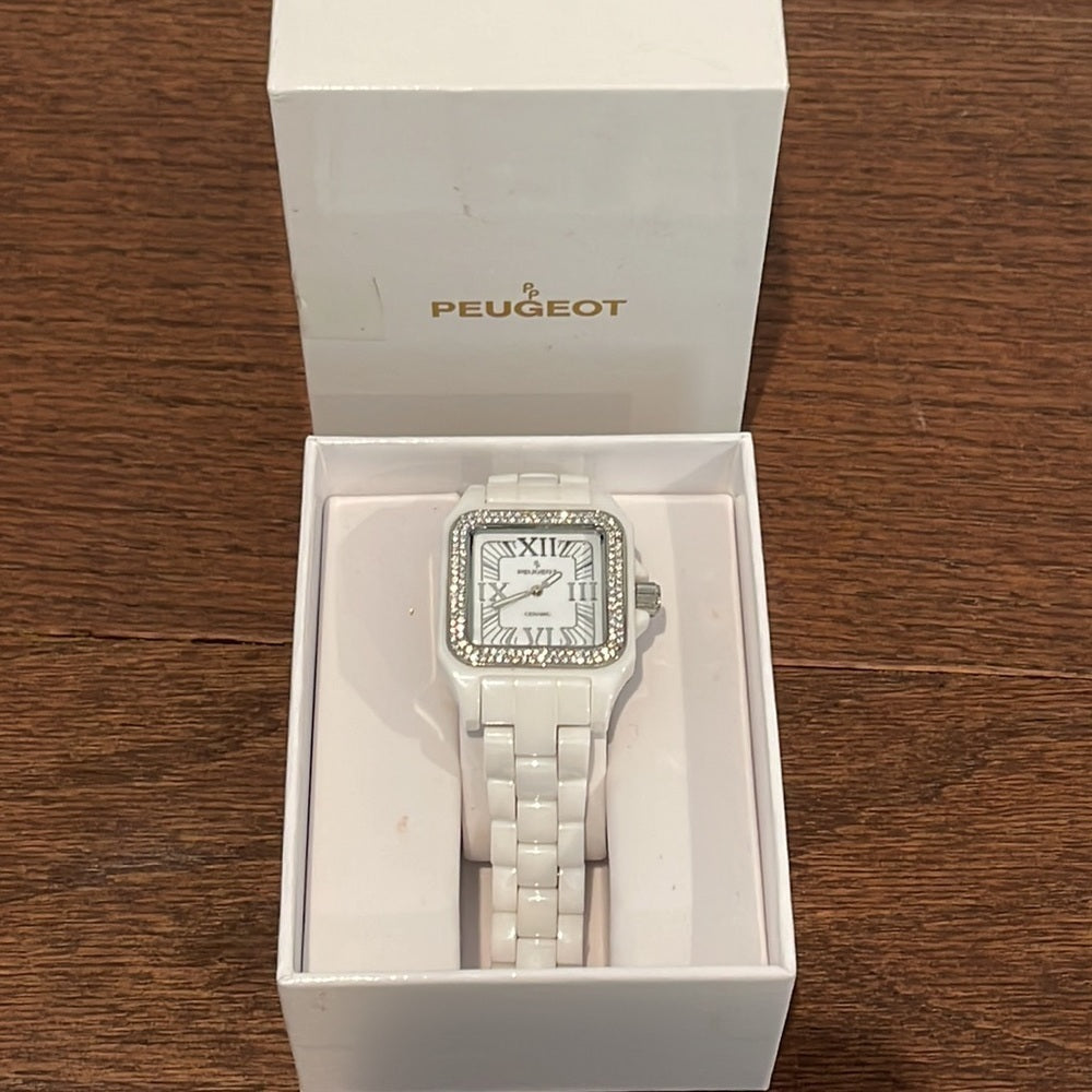 PEUGEOT Swiss Women Ceramic Watch Square Case Swarovski Crystal Bezel & Bracelet