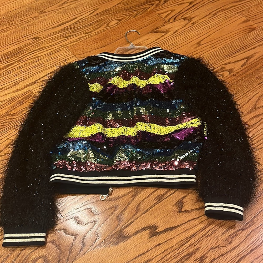 Hannah Banana Girl’s Sequin Jacket with Faux Fur Sleeves Size 14