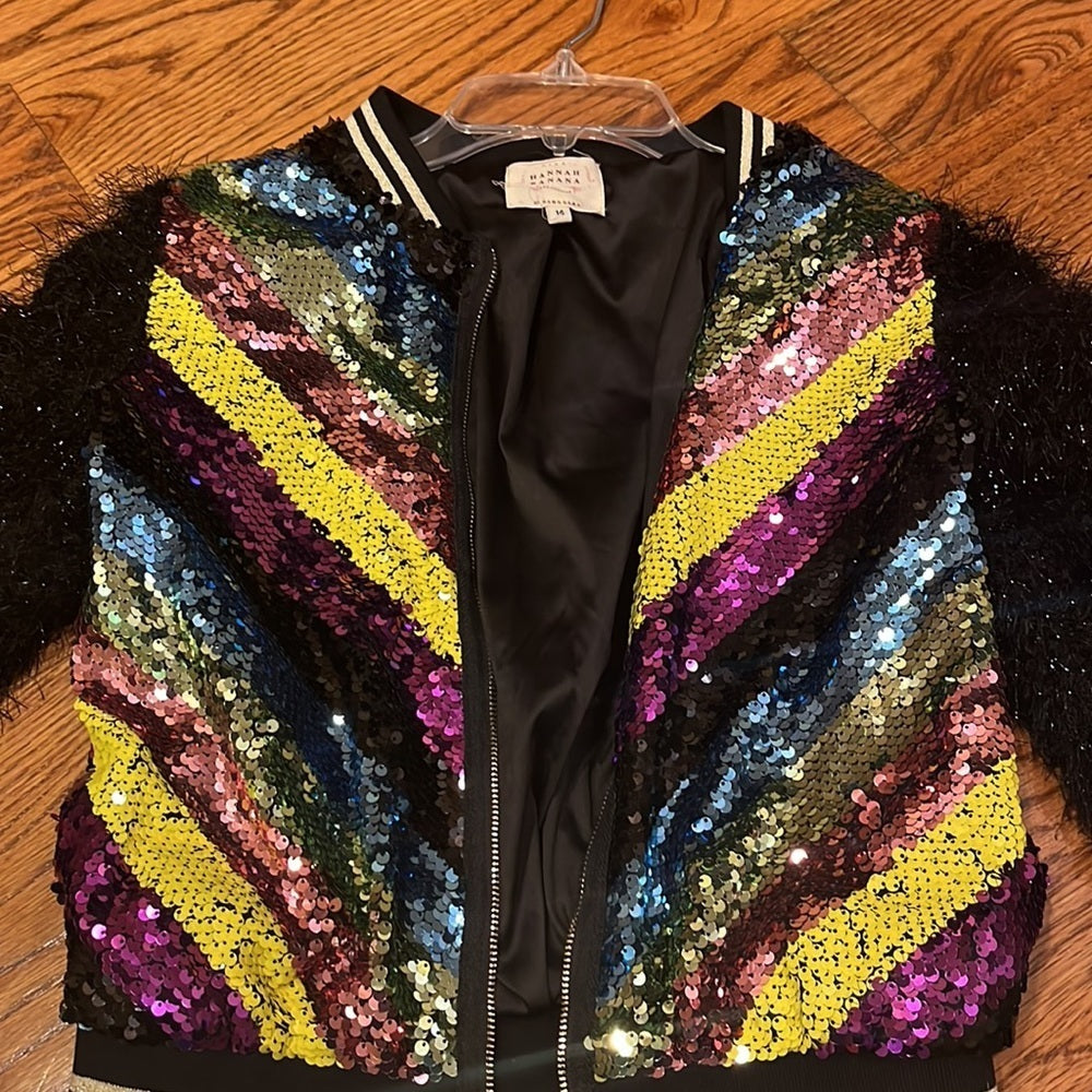 Hannah Banana Girl’s Sequin Jacket with Faux Fur Sleeves Size 14