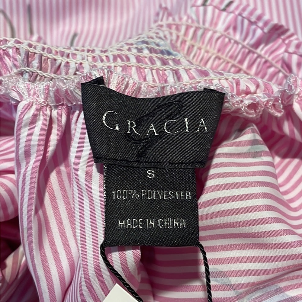 NWT Gracia Women’s Pink and White Stripe Dress with Floral Pattern Size S