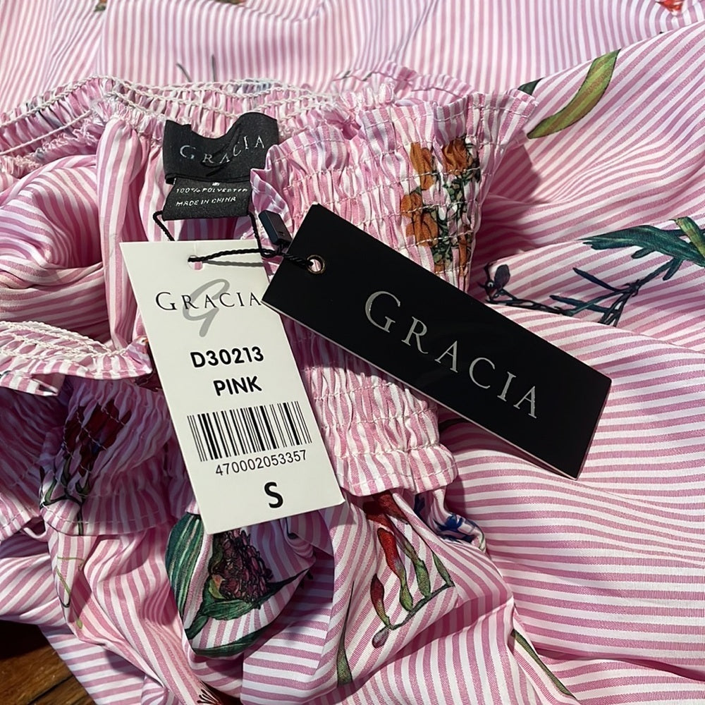 NWT Gracia Women’s Pink and White Stripe Dress with Floral Pattern Size S
