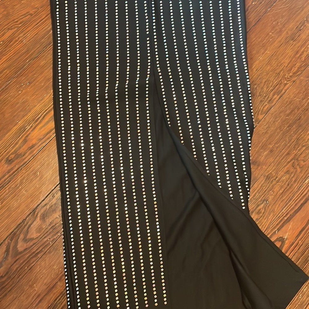 Women’s Black long sleeve body con dress with slit and rhinestone details Size S