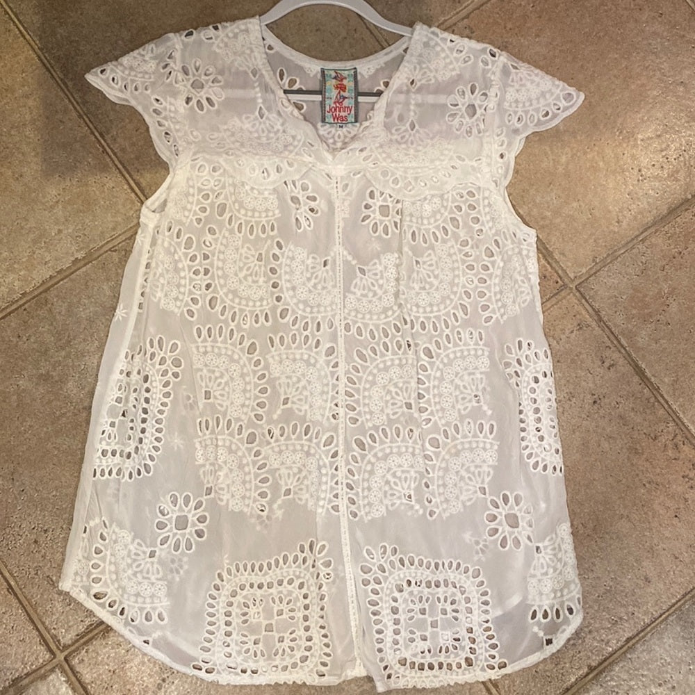 Johnny Was white eyelet tunic top size medium