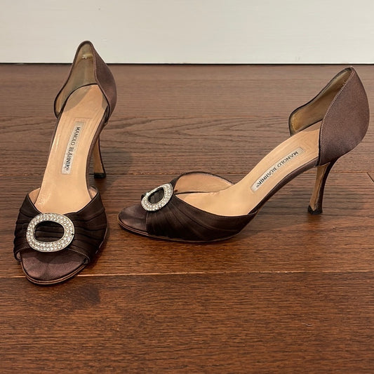 Manolo Blahnik Women Rhinestone Buckle Deep Eggplant Satin Dress Heel Size 41/11