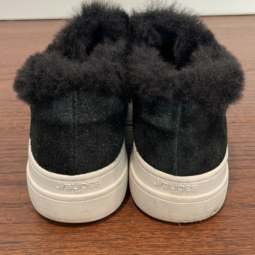 J/SLIDES Women’s Black Platform Suede and Fur Trim Slip On Shoes Size 10