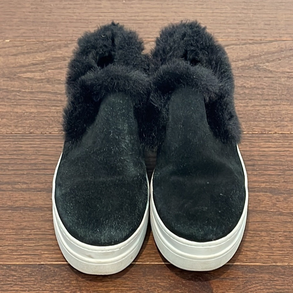 J/SLIDES Women’s Black Platform Suede and Fur Trim Slip On Shoes Size 10