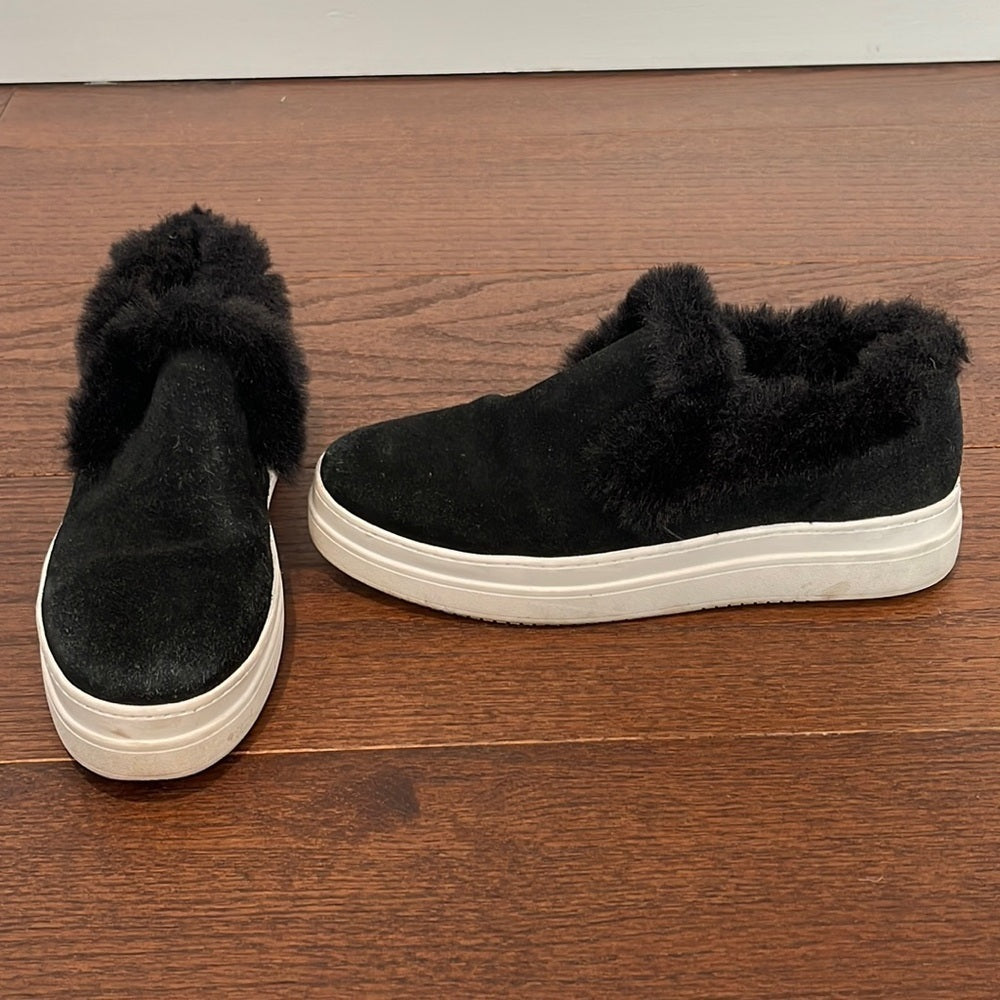 J/SLIDES Women’s Black Platform Suede and Fur Trim Slip On Shoes Size 10