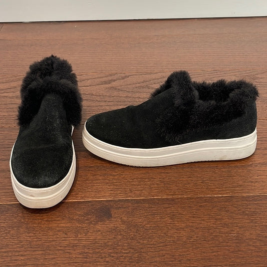 J/SLIDES Women’s Black Platform Suede and Fur Trim Slip On Shoes Size 10