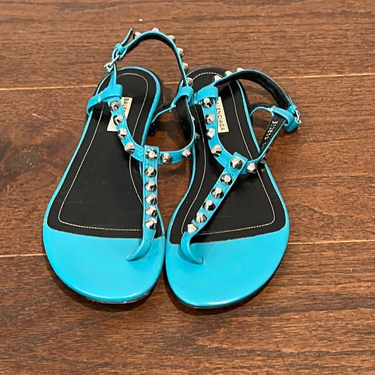 Balenciaga Giant Nickel Studded Leather Thong Sandal, Bleu Caraibe Size 38.5/8.5