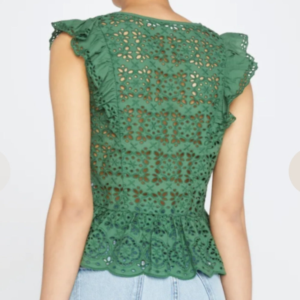 Veronica Beard Woman’s Araya Green Eyelet Ruffle Top Size 2