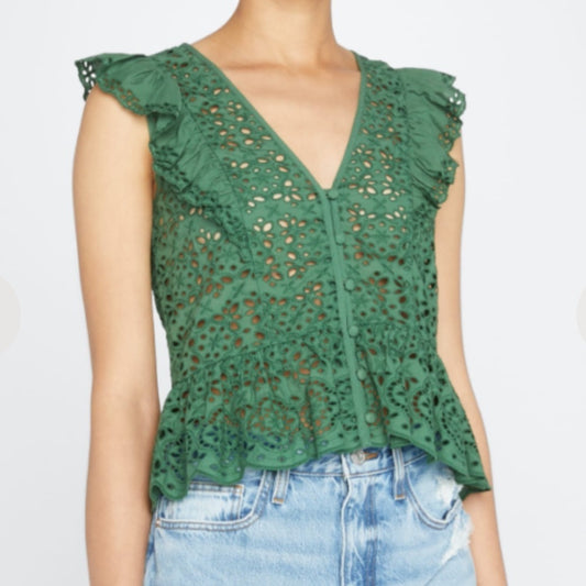 Veronica Beard Woman’s Araya Green Eyelet Ruffle Top Size 2