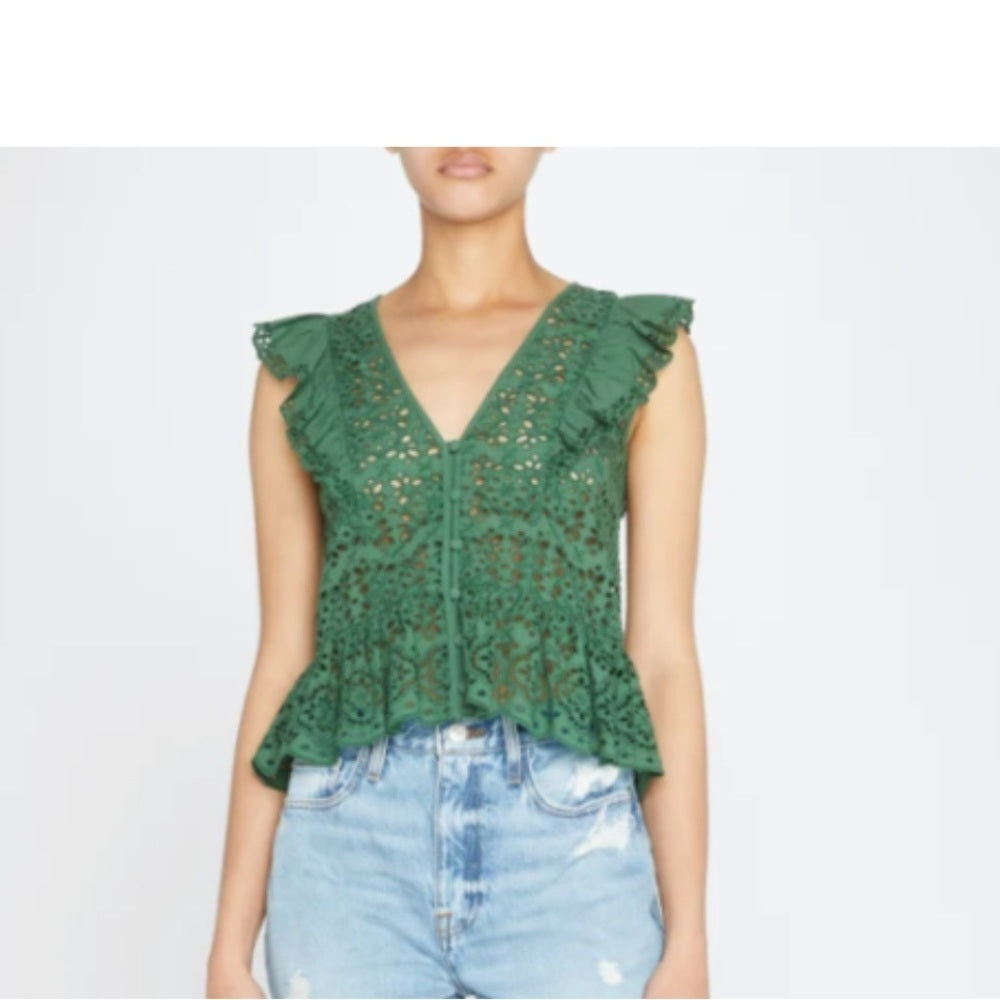 Veronica Beard Woman’s Araya Green Eyelet Ruffle Top Size 2