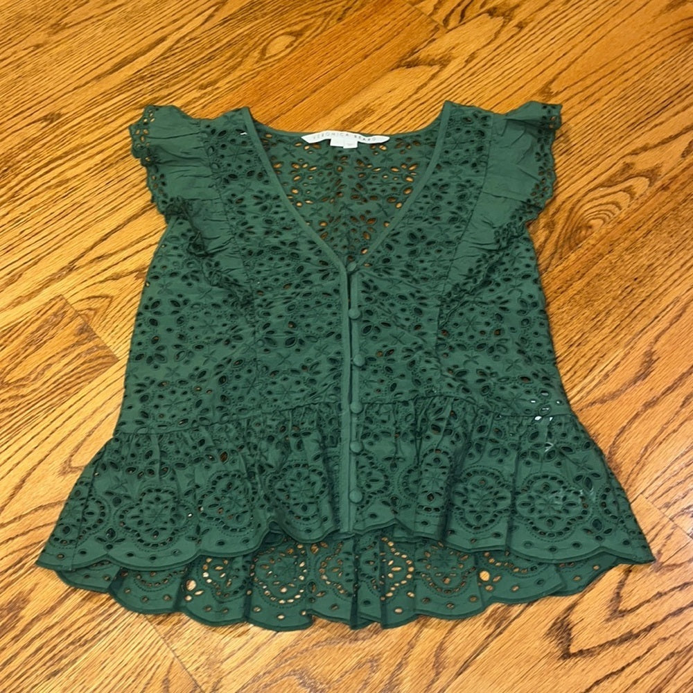 Veronica Beard Woman’s Araya Green Eyelet Ruffle Top Size 2