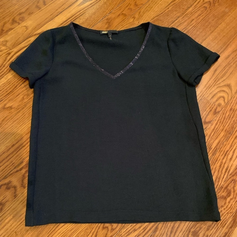 Maje Black V-neck Short Sleeve Tee Size 1/Small