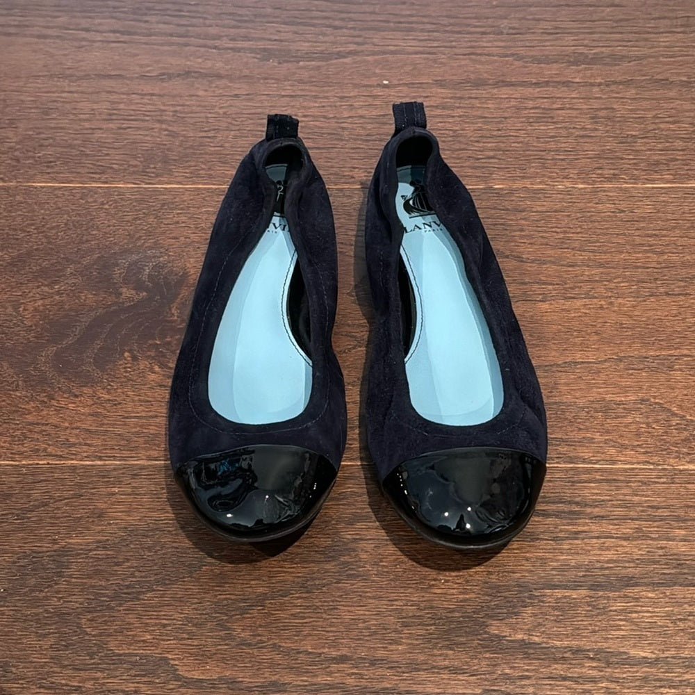 Lanvin Women’s Navy Blue Suede Black Patent Leather Toe Ballerina Shoe Size 38/8