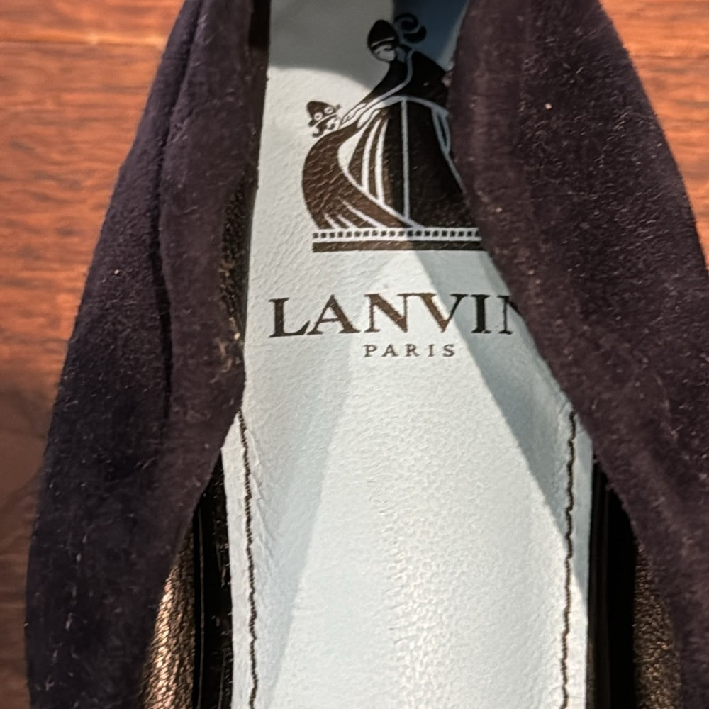 Lanvin Women’s Navy Blue Suede Black Patent Leather Toe Ballerina Shoe Size 38/8