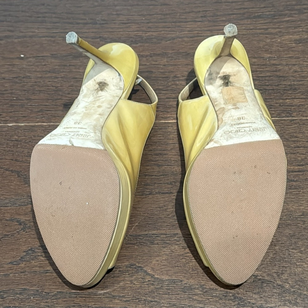 Jimmy Choo Women’s Yellow/Tan Peep Toe Patent Pumps Size 38/8