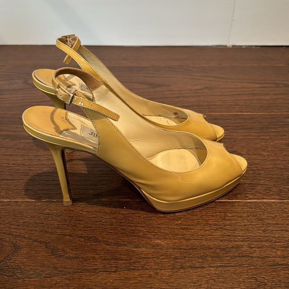 Jimmy Choo Women’s Yellow/Tan Peep Toe Patent Pumps Size 38/8