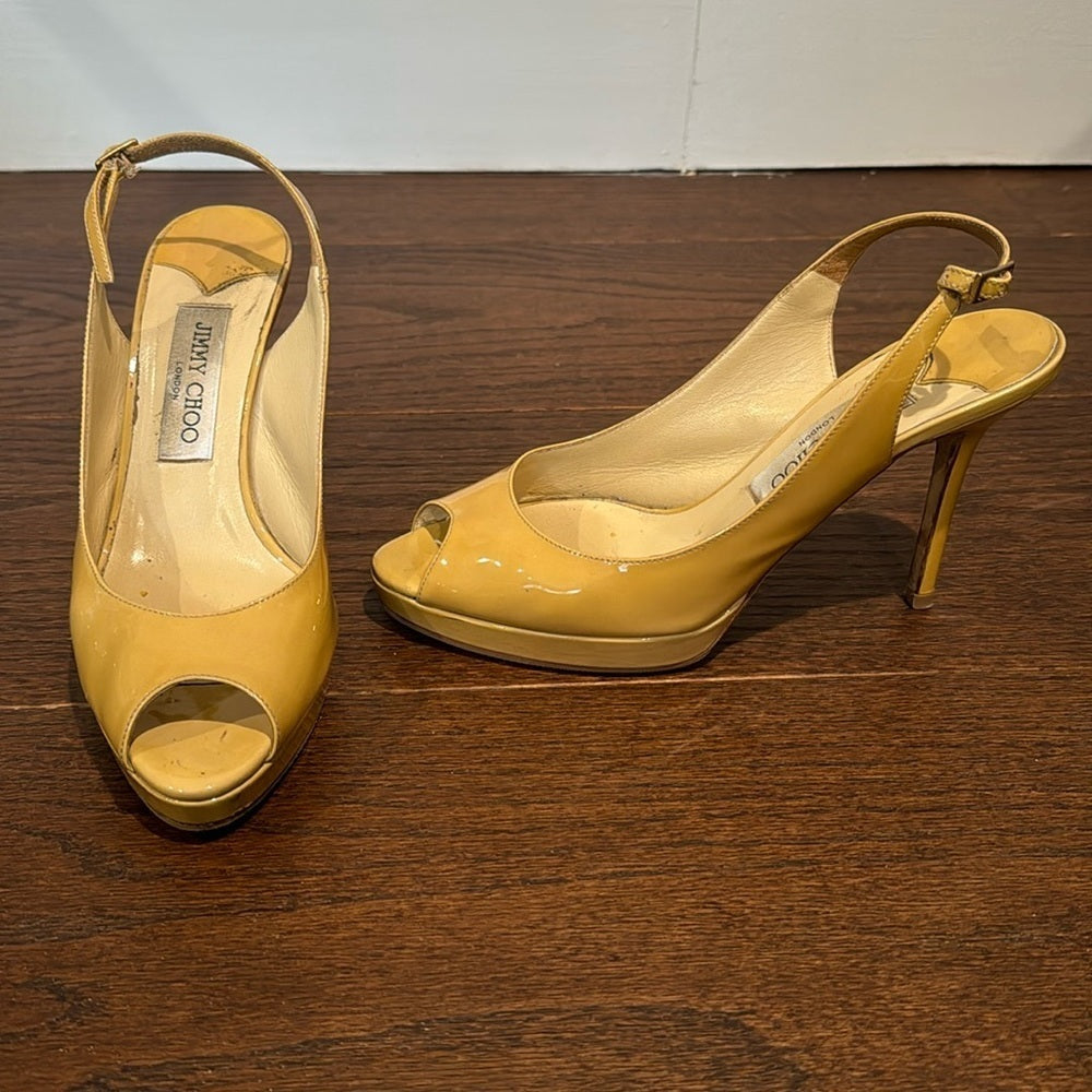 Jimmy Choo Women’s Yellow/Tan Peep Toe Patent Pumps Size 38/8