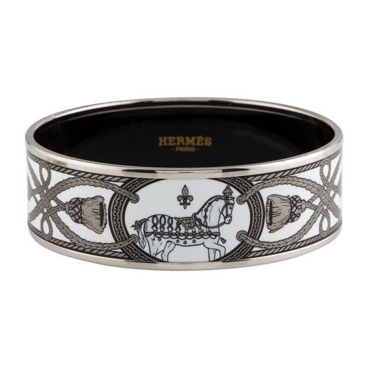 HERMÈS Grey and White Enamel Grand Apparat Wide Bangle Bracelet