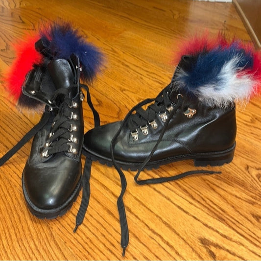 Rebecca Minkoff Black Leather & Real Fur Lace Boots Size 10M