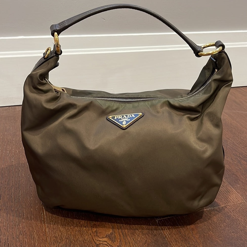 Prada Brown/Olive Green Nylon Hobo Shoulder Bag