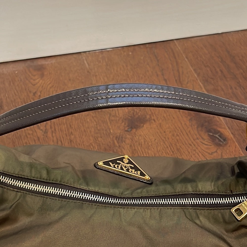 Prada Brown/Olive Green Nylon Hobo Shoulder Bag