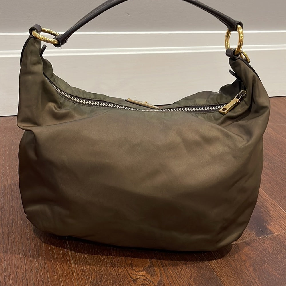 Prada Brown/Olive Green Nylon Hobo Shoulder Bag