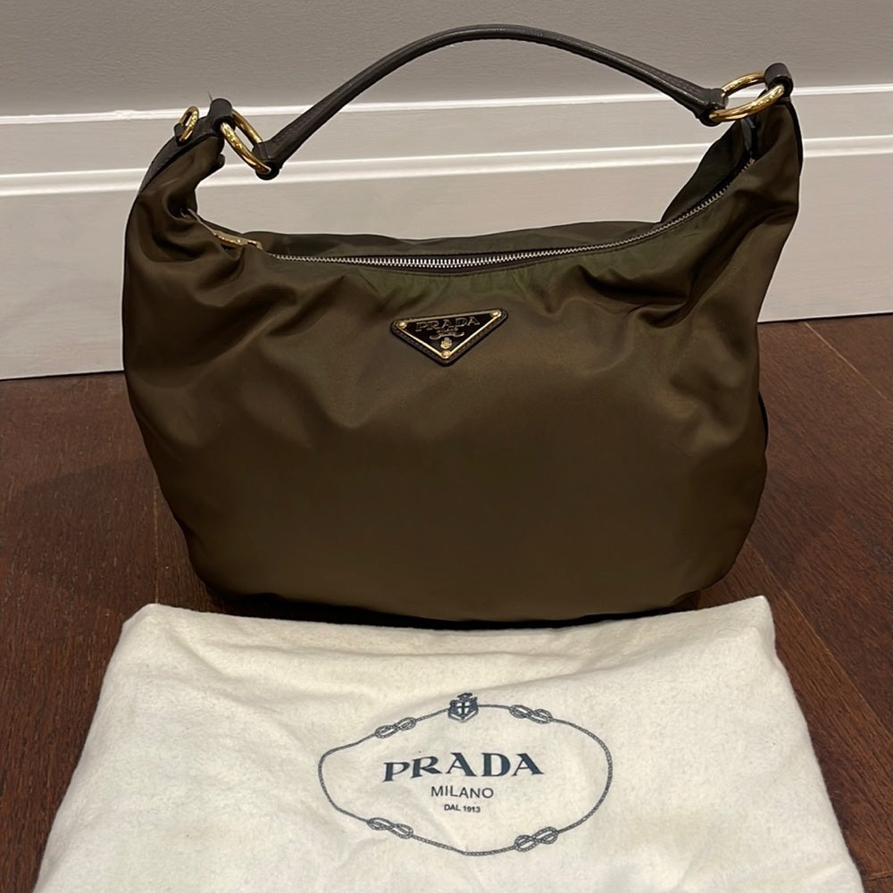 Prada Brown/Olive Green Nylon Hobo Shoulder Bag