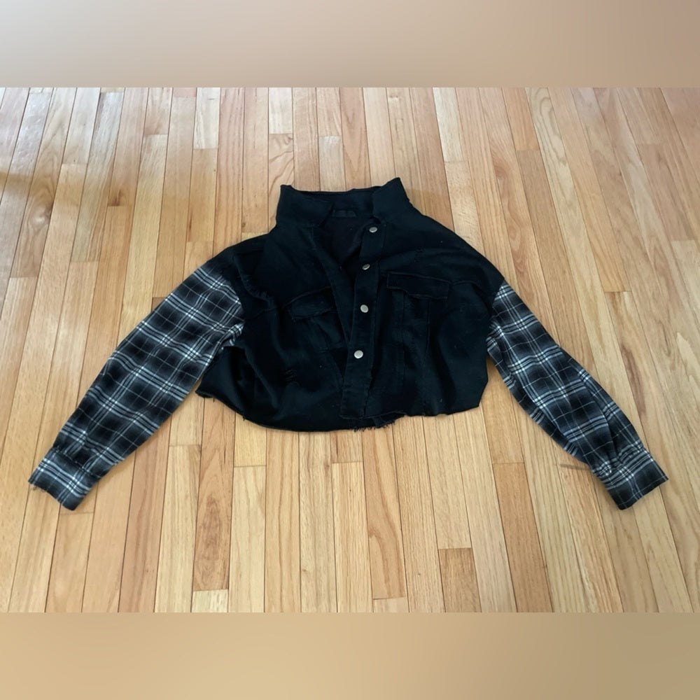 Hazel Black Jacket with Plaid Sleeves Size Medium