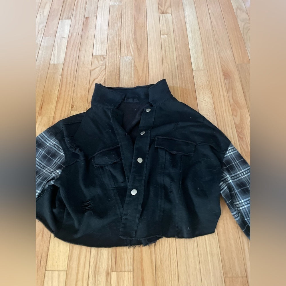 Hazel Black Jacket with Plaid Sleeves Size Medium