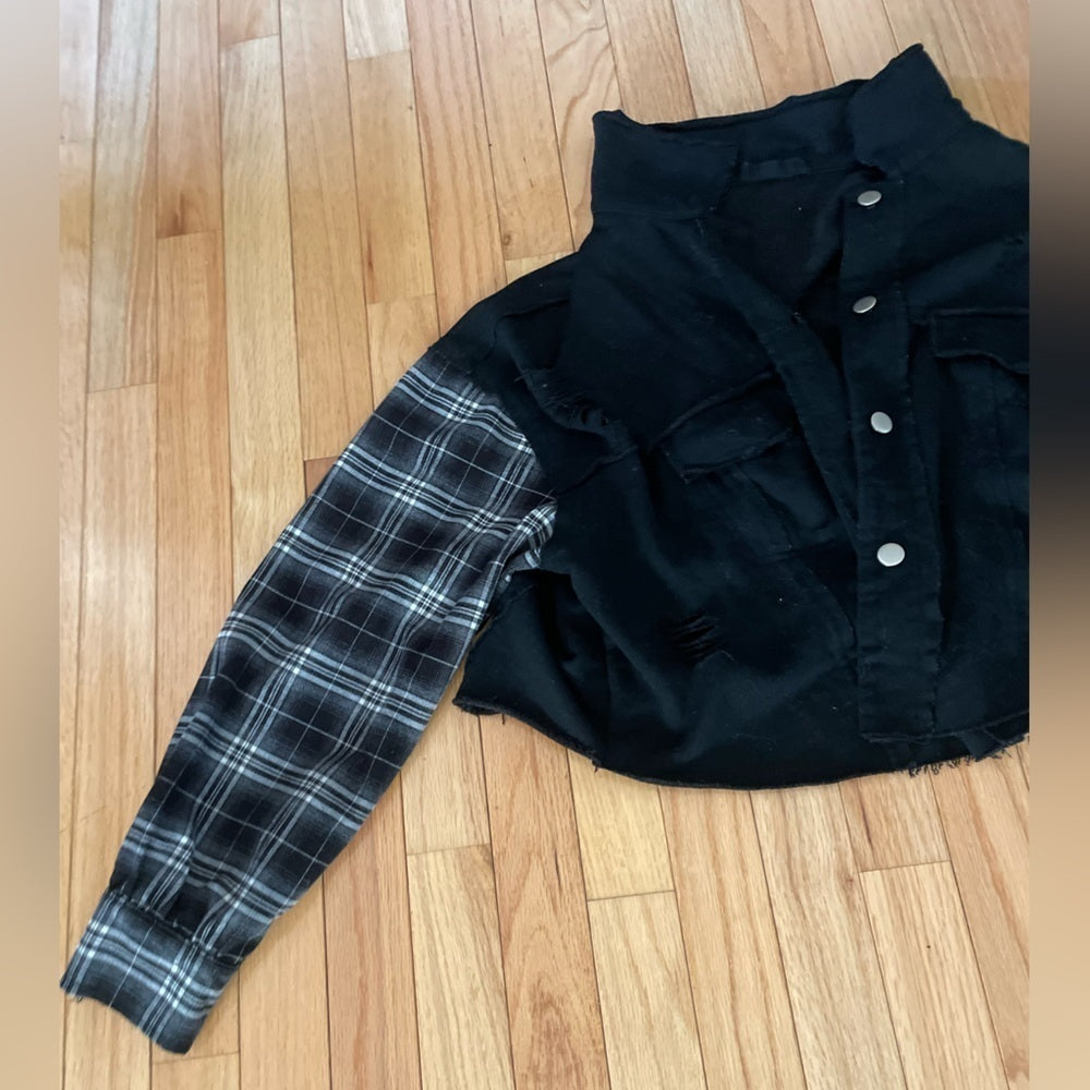 Hazel Black Jacket with Plaid Sleeves Size Medium