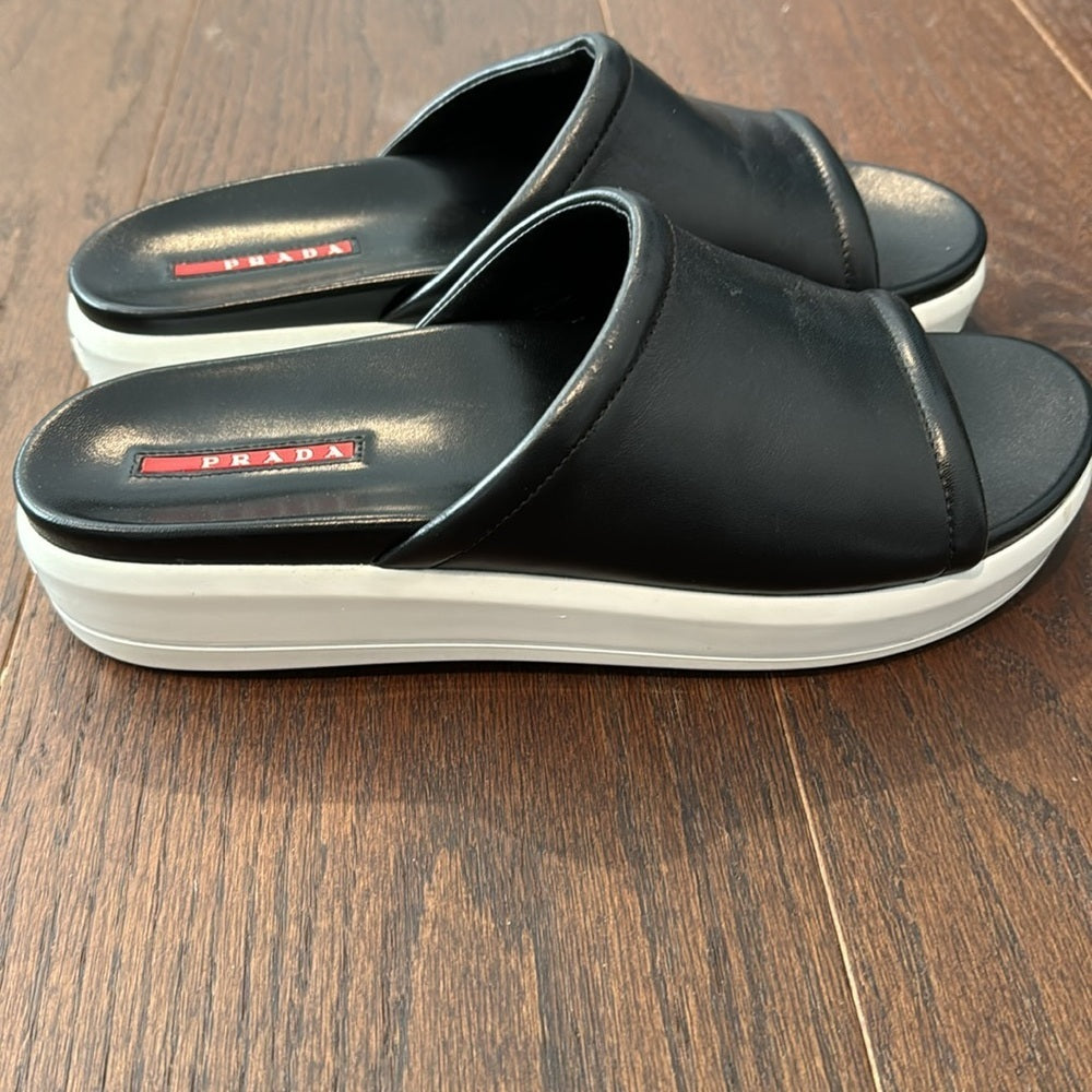 Prada Black Leather Slides Size 40.5/10.5