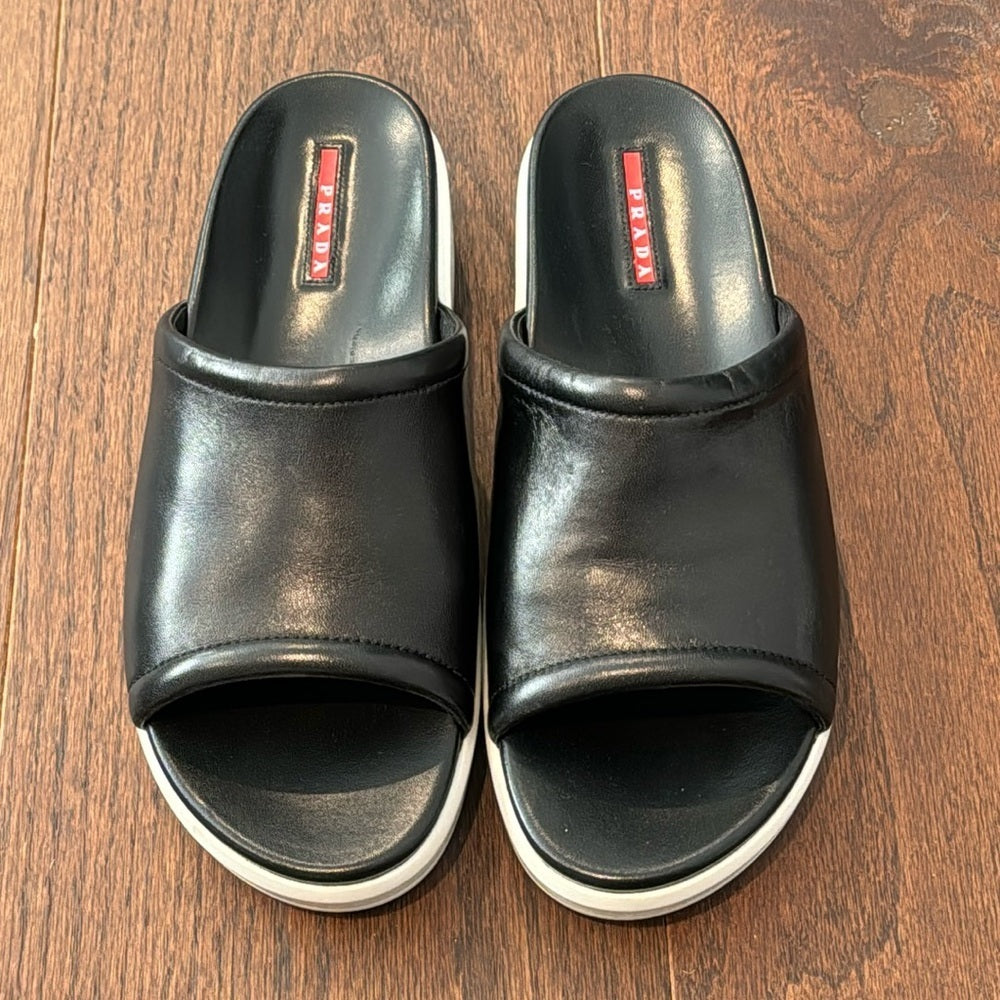 Prada Black Leather Slides Size 40.5/10.5