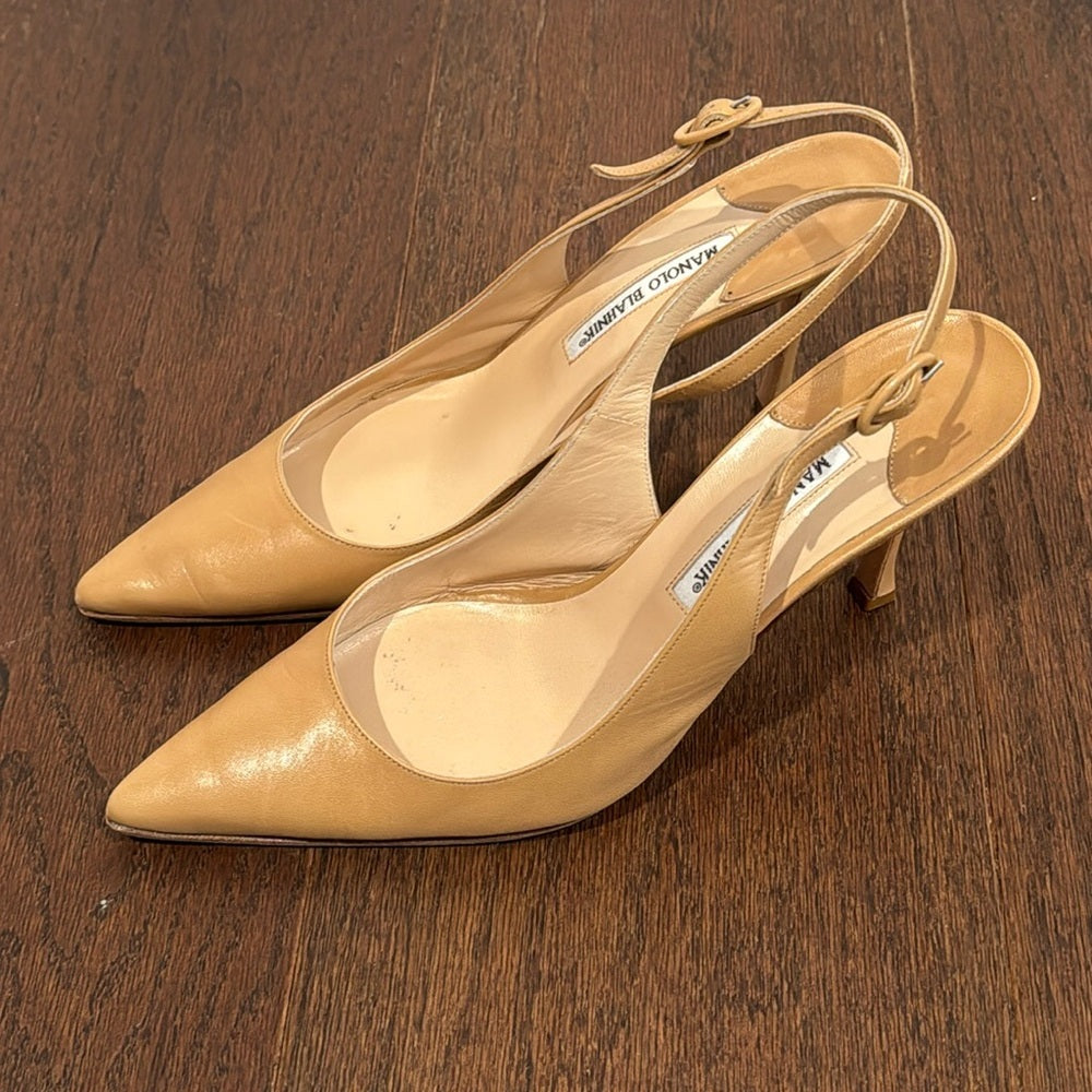 Manolo Blahnik Women’s Tan Sling Back Heels Size 40.5/10.5